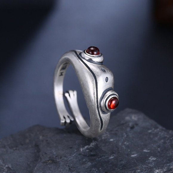 NWOT Adorable Frog Open cuff ring w Garnet eyes & frog legs 925 Sterling Silver - Picture 3 of 6
